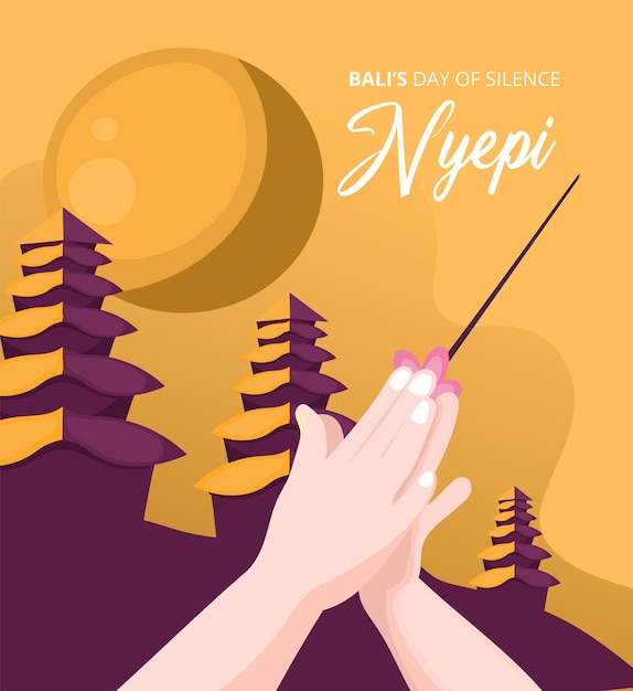 Mano che prega il giorno del silenzio di balis nyepi illustrazione vettoriale tempio cultura indonesiana