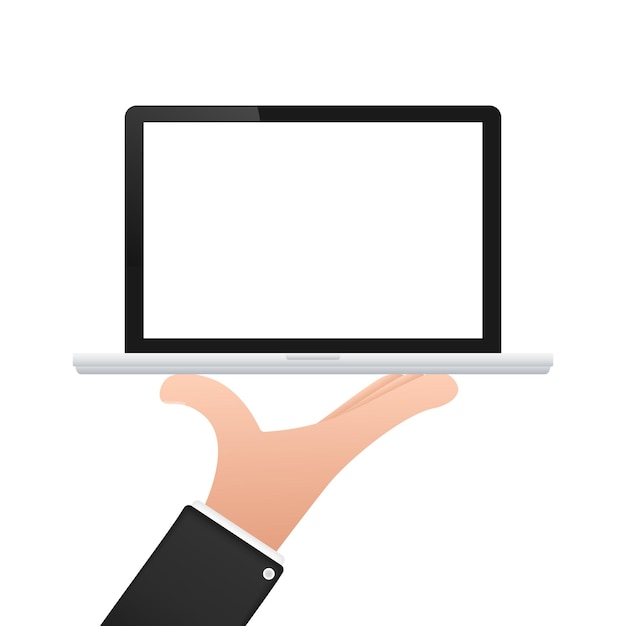 Vector hand presenting modern laptop with blank screen isolated vector illustration for web and graphic