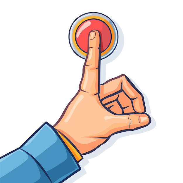 Hand pressing red button cartoon style graphic bright colors Male finger pushing circular