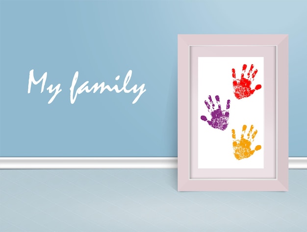 Vector hand prints in a frame the concept of my family on the background of the wall vector illustration eps 10
