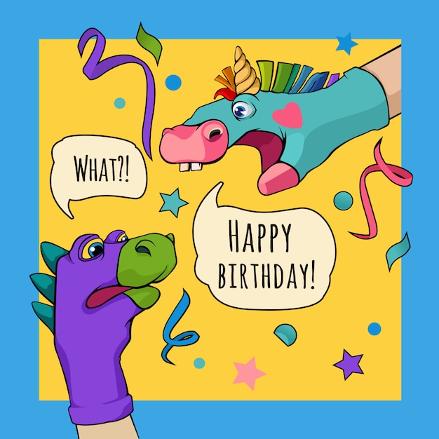 Vettore il burattino di mano dragon and unicorn dice happy birthday