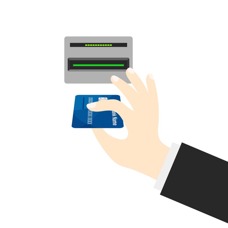Vector hand pushing credit card into atm machine slot payment concept withdrawing money vector