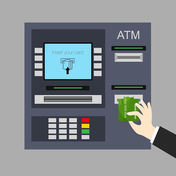 Vector hand pushing credit card into atm machine slot withdrawing dollar banknote getting money vector