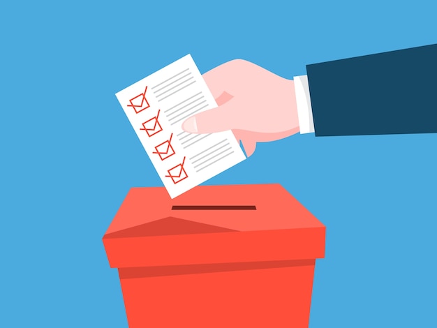 Вектор Рука положить бумагу с табличкой в урну для голосования. политические выборы