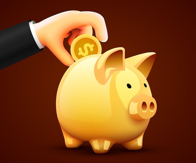 Vector hand puts coin in a piggy bank symbol of profit and growth investment and savings