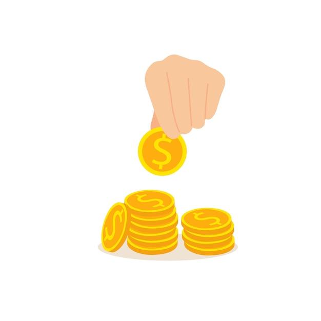 The hand puts a gold coin on a stack of other coins Increase profits