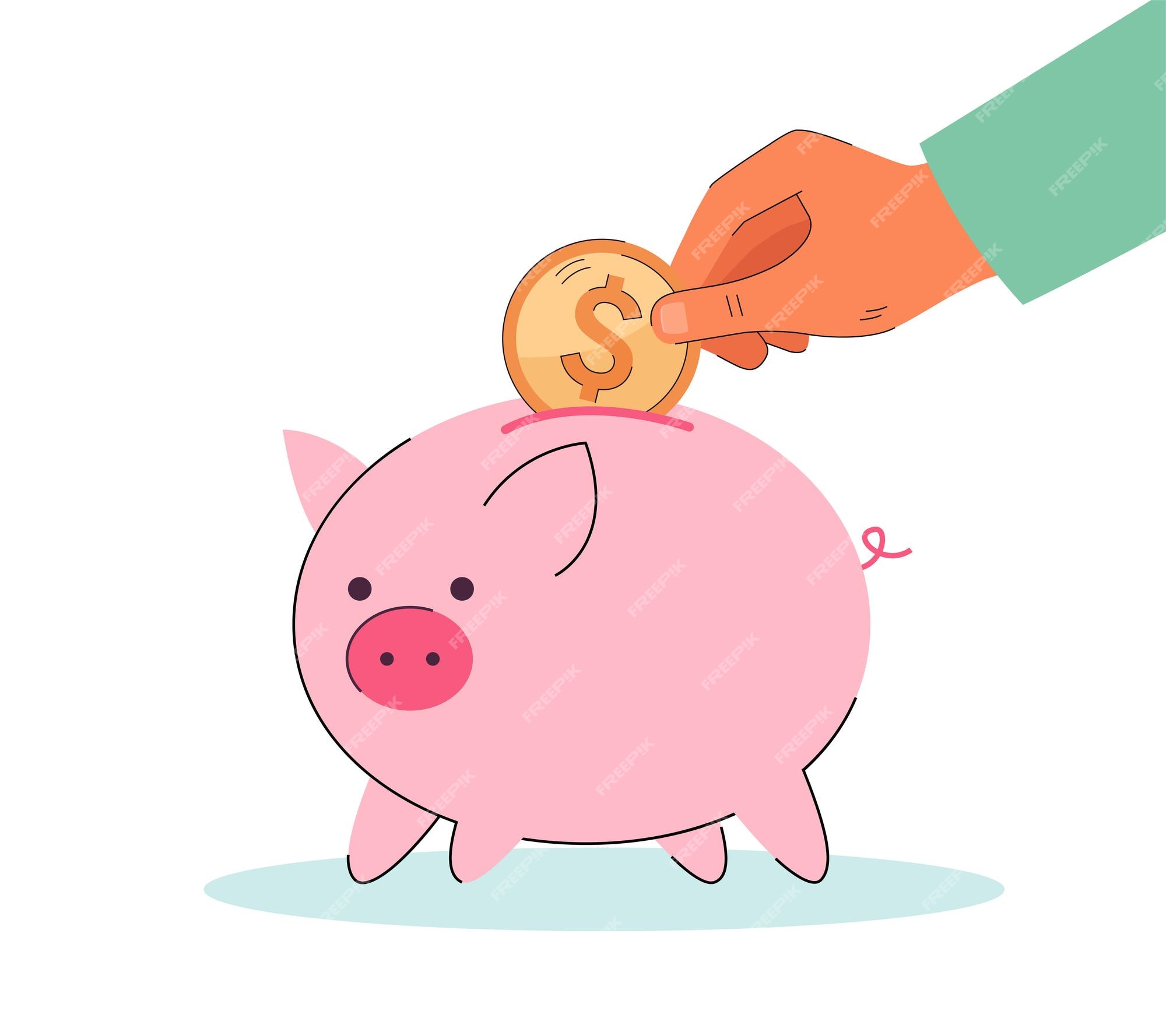 Premium Vector  Hand putting coin to pink piggy bank money savings concept