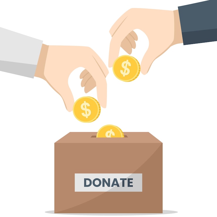 Vector hand putting golden coin in to the donation box donate concept charity share vector illustrations
