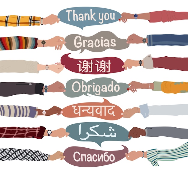 ベクトル さまざまな言語で「ありがとう」というテキストを含む吹き出しを持つ手を挙げた多文化の人々
