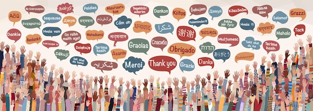 Вектор Поднятая рука мультикультурных людей с речевыми пузырями с текстом спасибо на разных языках