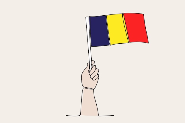 A hand raised the Romania flag Flag oneline drawing