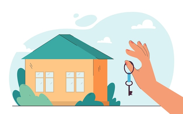 Hand of real estate agent or owner holding key of house. Purchase or rent of new home by person flat vector illustration. Mortgage, investment concept for banner, website design or landing web page