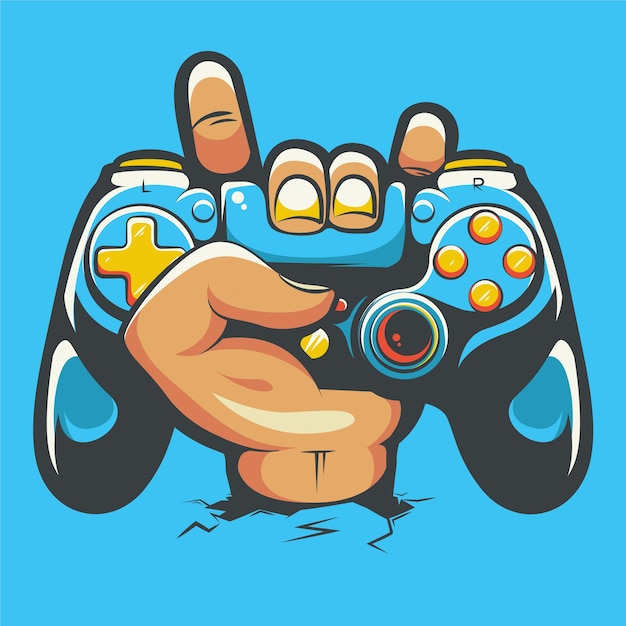 Vector hand rock met playstation stick controller cartoon afbeelding premium vector