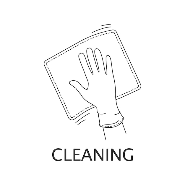 A hand in a rubber glove wipes the surface with a rag Cleaning and disinfection detergent Linear style on a white background Icon logo