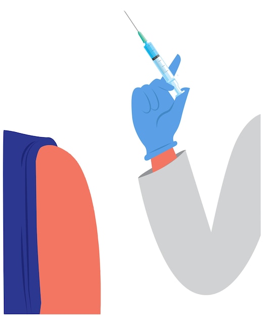 Hand in rubber gloves holding syringe with liquid to inject medicine to patient Healthcare concept stock illustration
