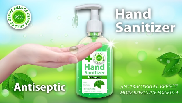 Vector hand sanitizer gel ads. antiseptic hand gel in bottles with dispenser.