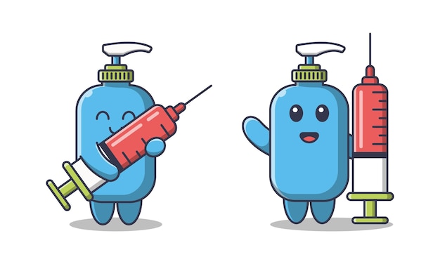 Hand sanitizer holding injection cartoon illustration