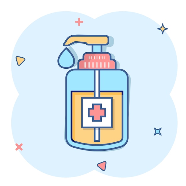 Hand sanitizer icon in comic style antiseptic bottle cartoon vector illustration on isolated background disinfect gel splash effect sign business concept