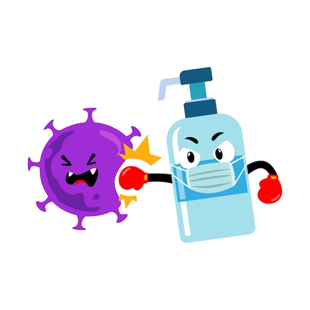 Hand sanitizer mascot character against coronavirus