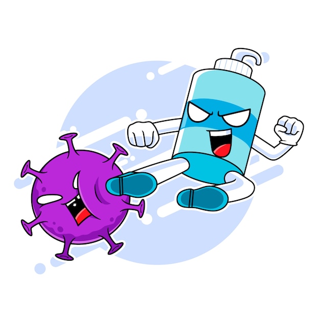 Hand sanitizer mascot character kicking corona virus, fight against virus concept