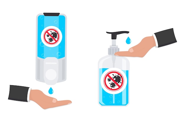 Igienizzanti per le mani. igienizzante mani in gel alcolico. gel detergente per uccidere la maggior parte dei batteri, funghi e fermare alcuni virus come il coronavirus. concetto di prevenzione della diffusione del covid-19
