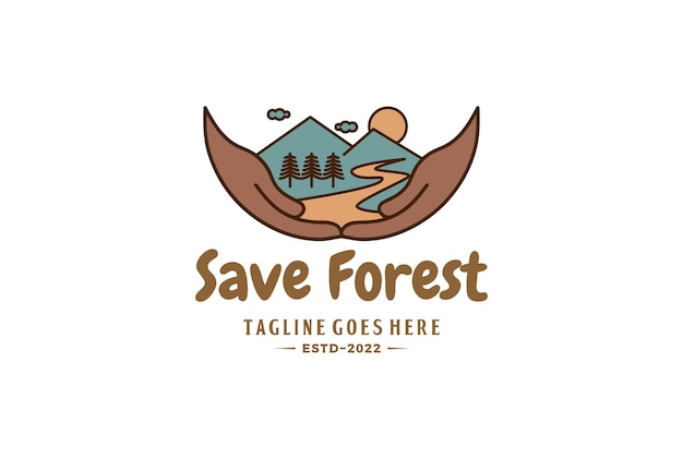 Hand Save Protect Mountain Creek River Landscape Panorama Logo Design