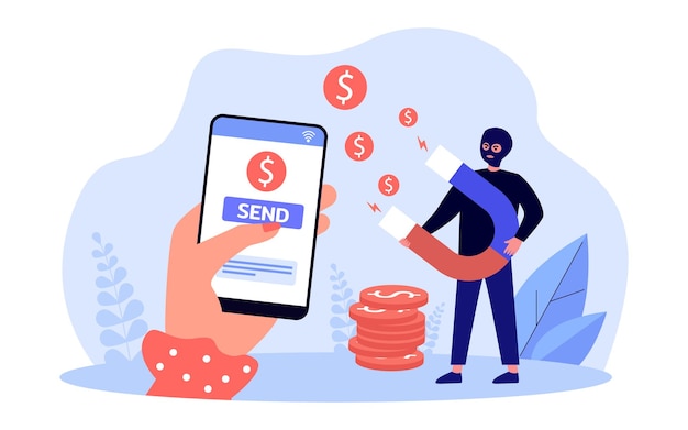 Vector hand sending money to scammer via mobile phone. criminal swindler with magnet attracting money flat vector illustration. online fraud, crime concept for banner, website design or landing web page