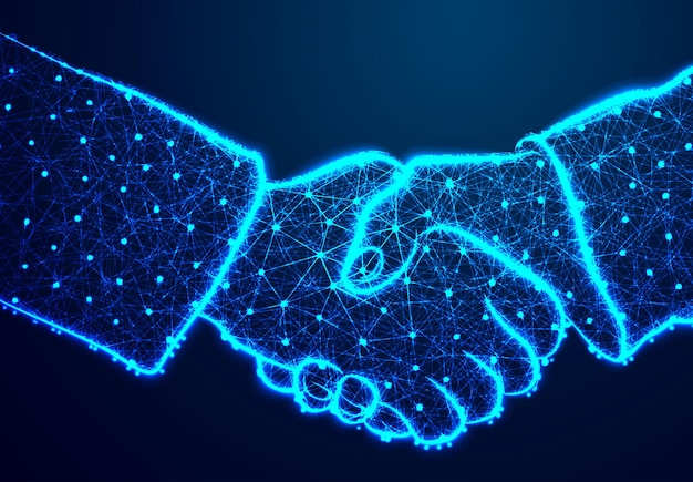 Hand shake Abstract low poly Triangle dot line polygon Shine blue background Vector illustration