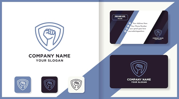 Hand shield logo design use mono line concept and business card