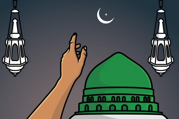 Hand Showing Ramadan Kareem Moon with Madina Masjid Al Nabawi vector illustration