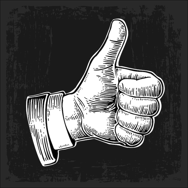 Vector hand showing symbol like making thumb up gesture vector white vintage engraved illustration isolated on a dark background hand sign for web poster info graphic