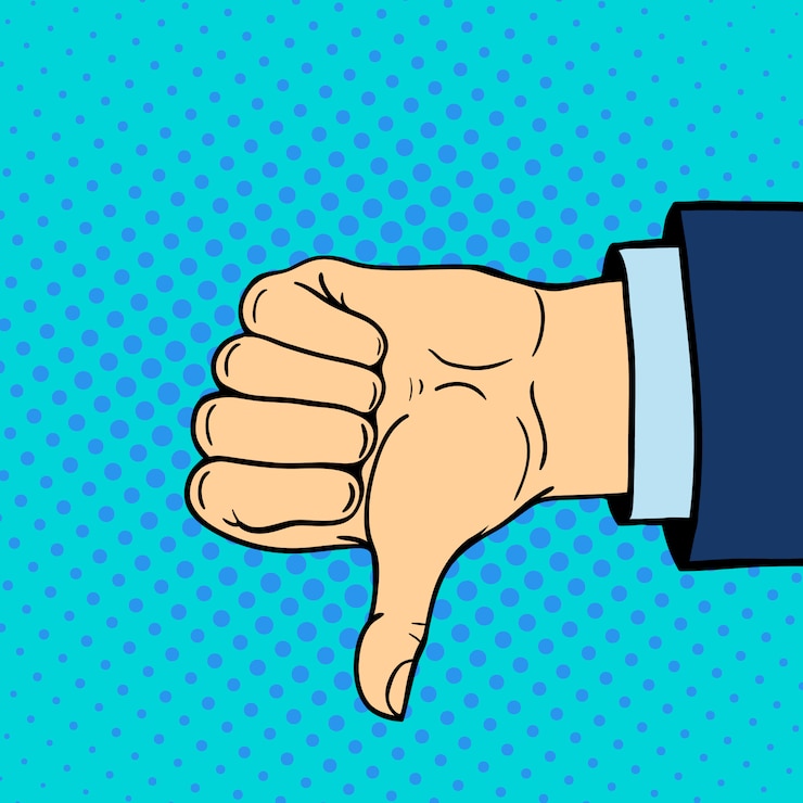 Vector hand showing thumbs down deaf-mute gesture human arm hold communication and direction design fist touch pop art style colorful  illustration.