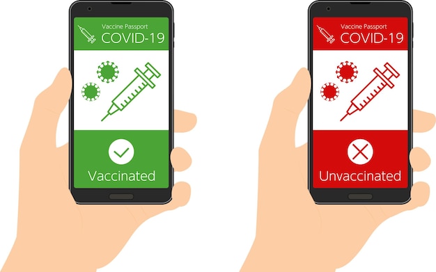 A hand showing the vaccine passport smartphone app vaccinated and unvaccinated proof of coronavirus vaccination