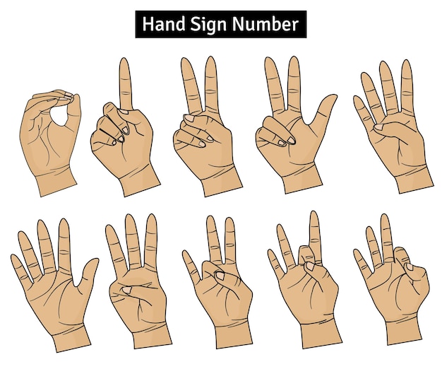 Hand sign number from zero to nine. Sign language for deaf communication