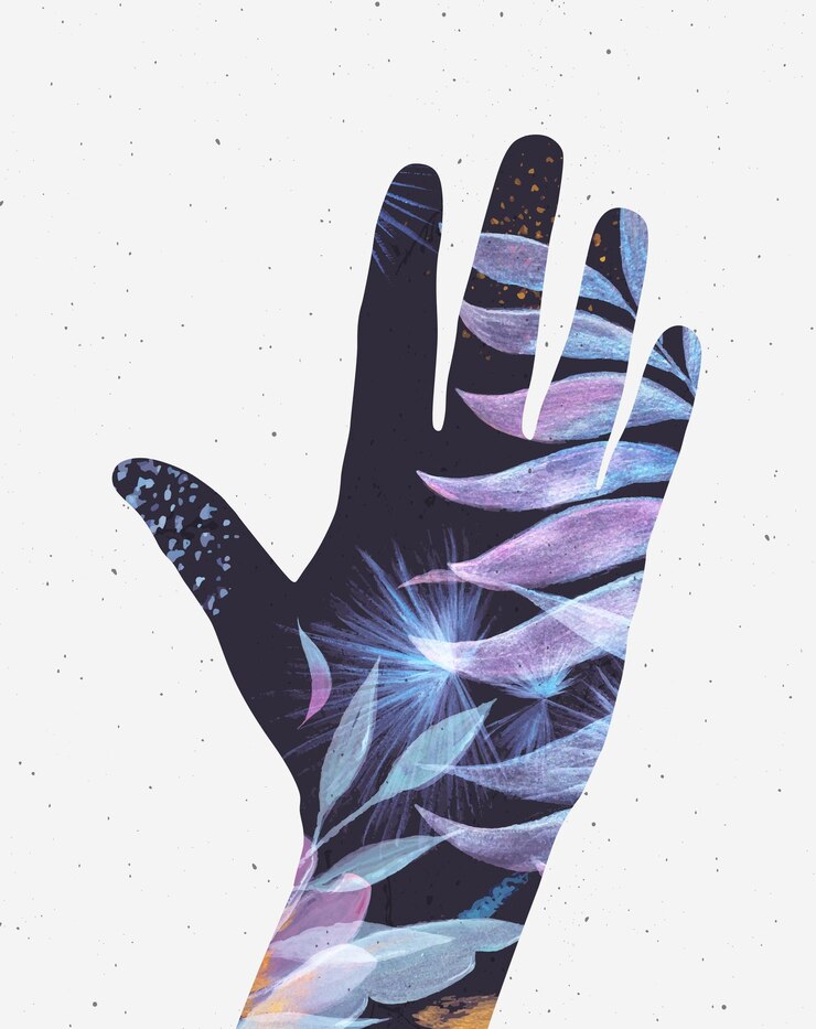 Vector hand silhouette floral blue tones