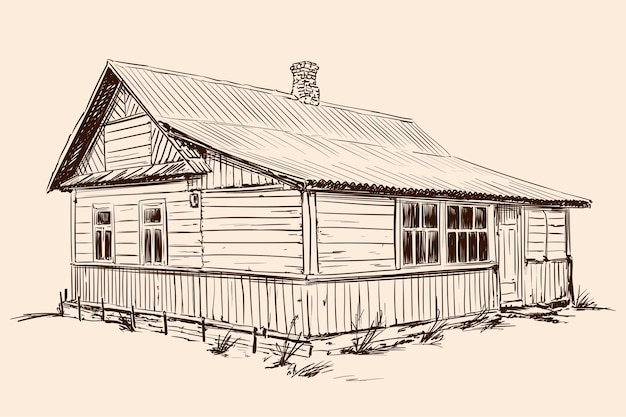 Hand sketch on a beige background. old rustic wooden house in russian style on a stone foundation with a tiled roof.