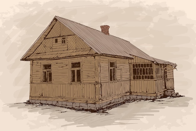 Hand sketch on a beige background. old rustic wooden house on a stone foundation with a tiled roof.