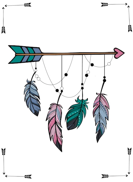 Hand sketched arrow and feathers in boho style