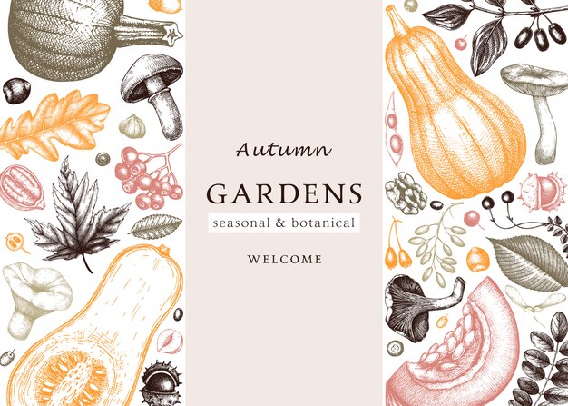 Vector hand sketched autumn  in vintage colors. elegant and trendy botanical template with autumn leaves, pumpkins, berries,mushrooms sketches. perfect for invitation, cards, flyers, menu, packaging.