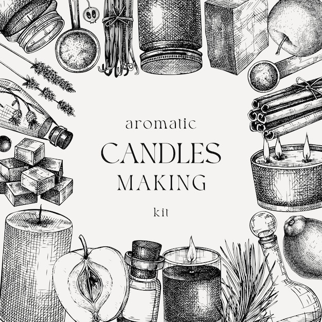 Hand sketched candlemaking card design Vintage candles herbs wax fruits spices skewers