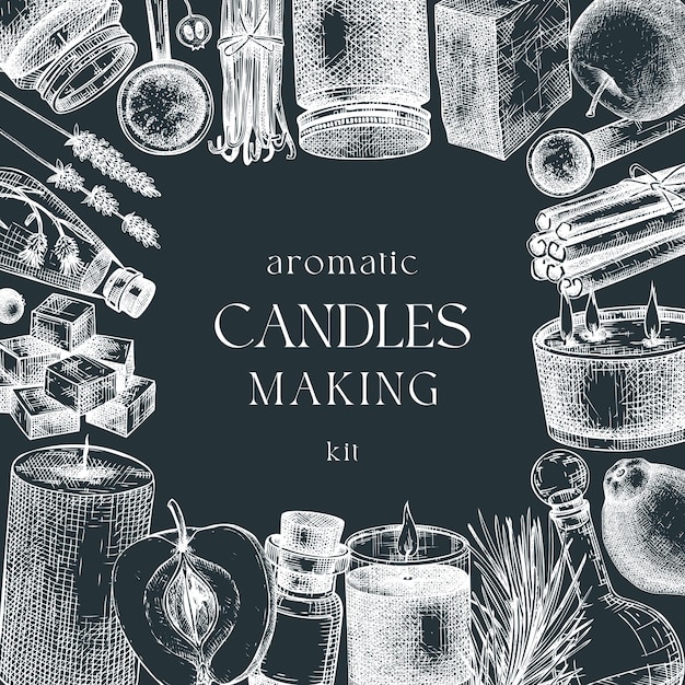 Vector hand sketched candlemaking card design vintage candles herbs wax fruits spices skewers