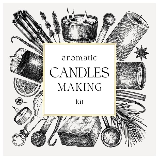 hand sketched candlemaking card design vintage candles herbs wax fruits spices skewers