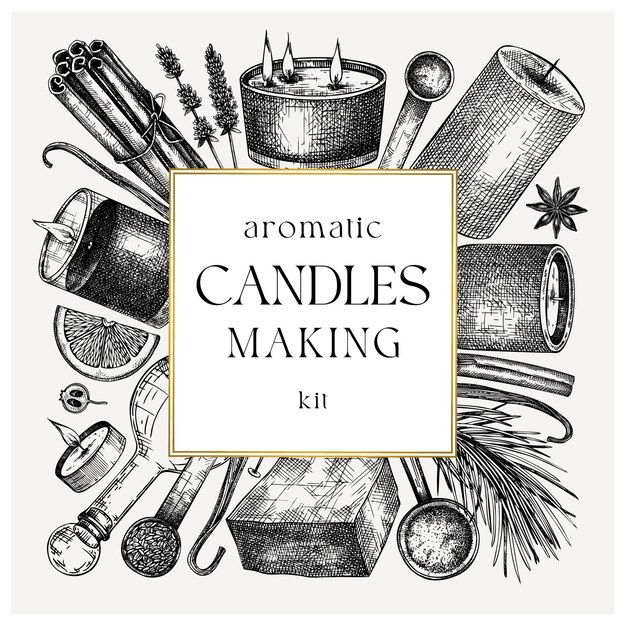 Vector hand sketched candlemaking card design vintage candles herbs wax fruits spices skewers