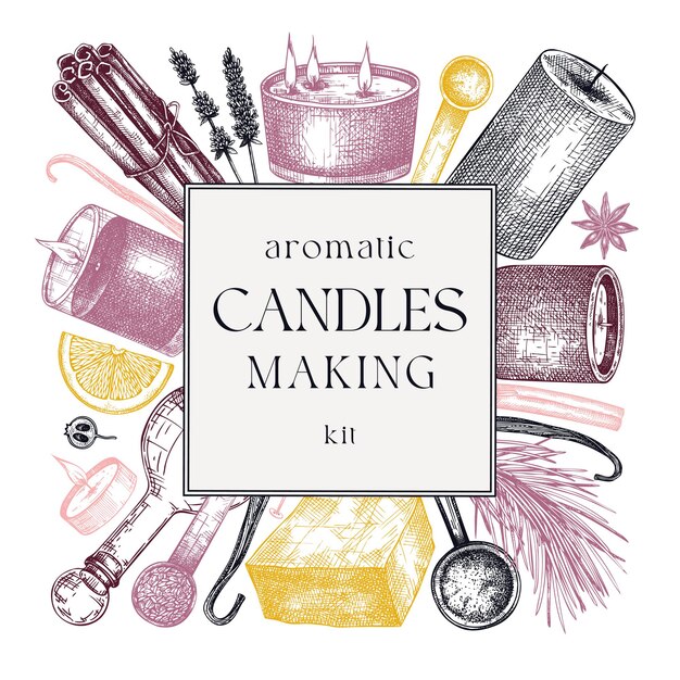 Hand sketched candlemaking card design Vintage candles herbs wax fruits spices skewers