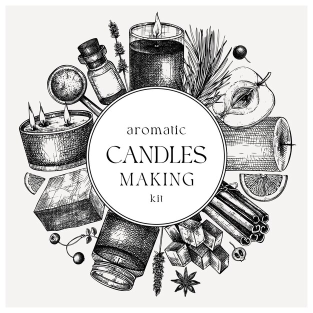 Hand sketched candlemaking card design Vintage candles herbs wax fruits spices skewers