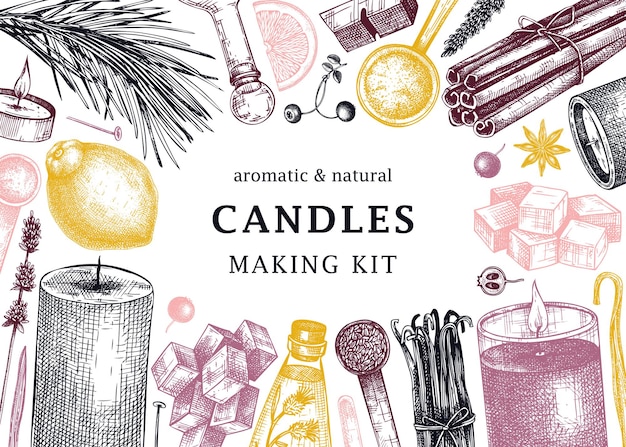 Hand sketched candles ingredients banner Vintage candles herbs wax fruits spices skewers