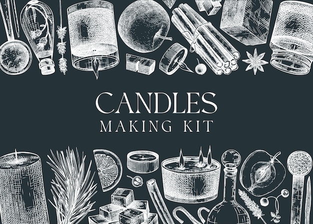 Hand sketched candles ingredients banner vintage candles herbs wax fruits spices skewers