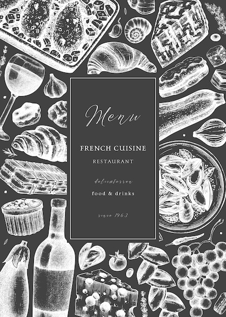 手は、黒板にフランス料理のピクニックチラシをスケッチしました。デリカテッセンの食べ物や飲み物のトレンディな背景。レシピ、メニュー、ラベル、アイコン、パッケージに最適です。ヴィンテージのフランス料理と飲料のテンプレート。