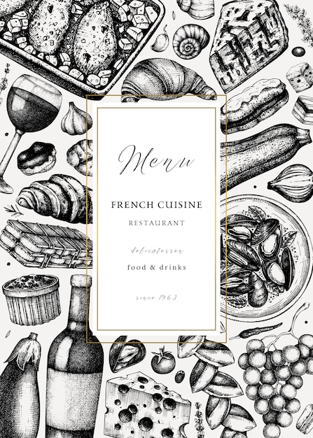 Hand sketched french cuisine picnic flyer template.\
delicatessen food and drinks trendy background. perfect for recipe,\
menu, label, icon, packaging. vintage french food and beverages\
template.