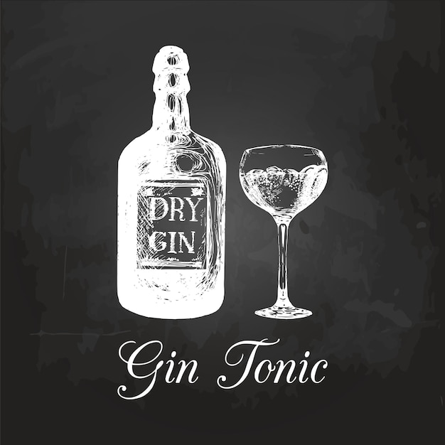 Hand sketched gin bottle and tonic glass Alcoholic drink drawing on chalkboard Vector illustration of traditional cocktail for cafe bar restaurant menu